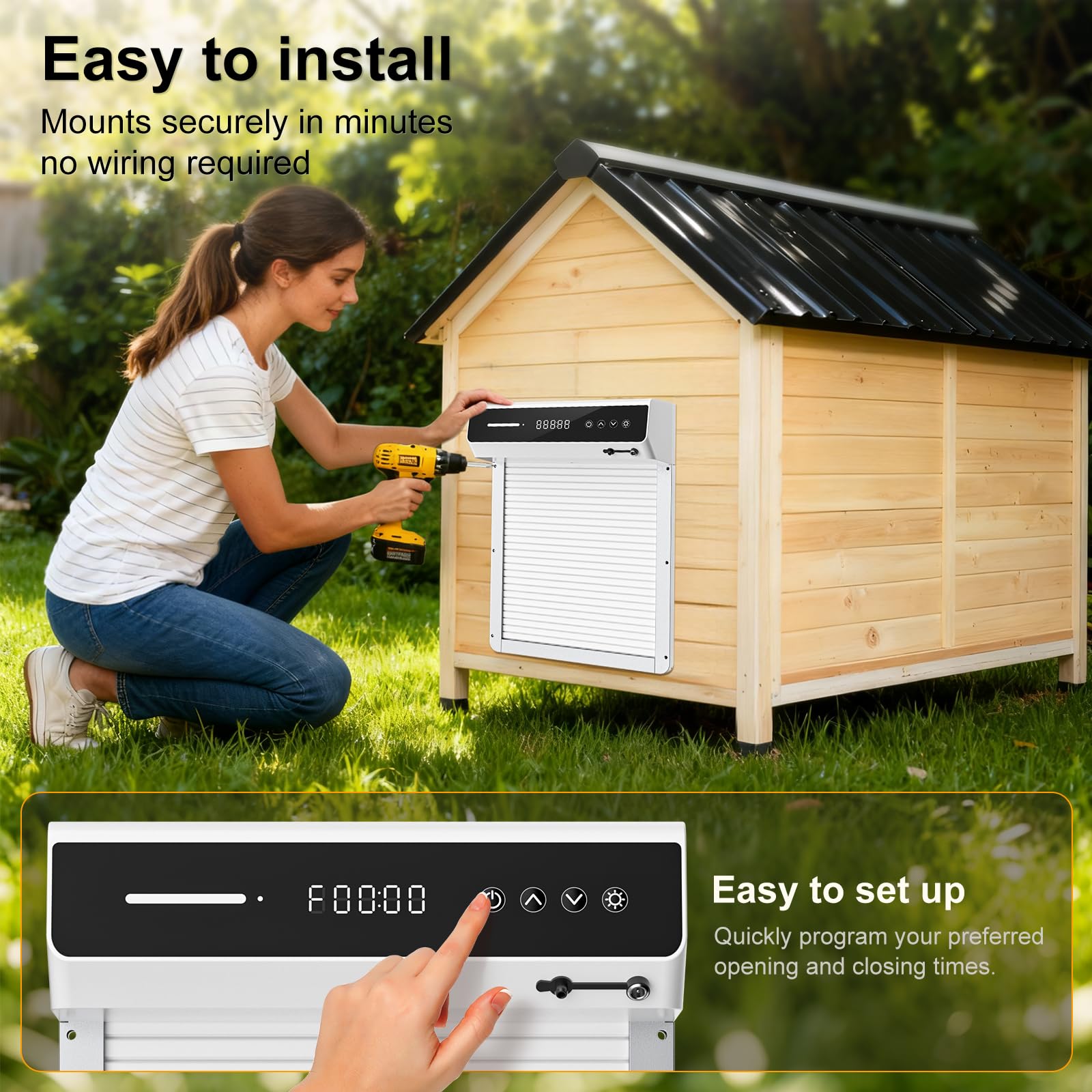 Mowei backyard scene with coop conveying secure, automated flock care