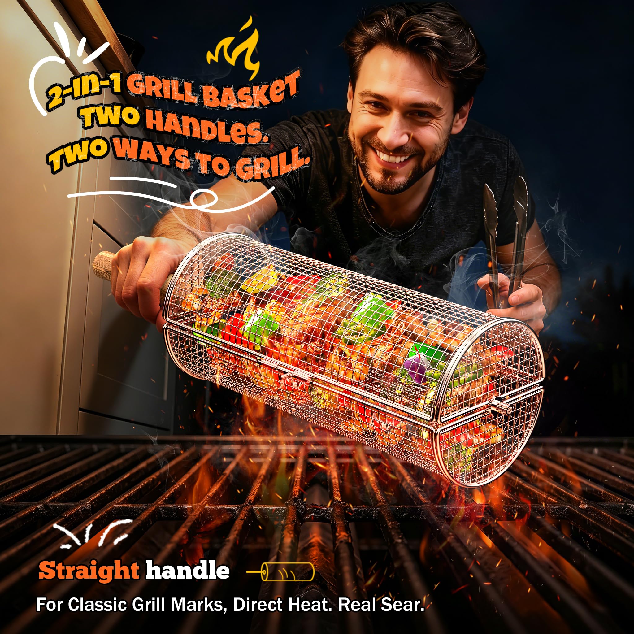 Mowei basket on grill loaded with shrimp demonstrating even cooking benefit