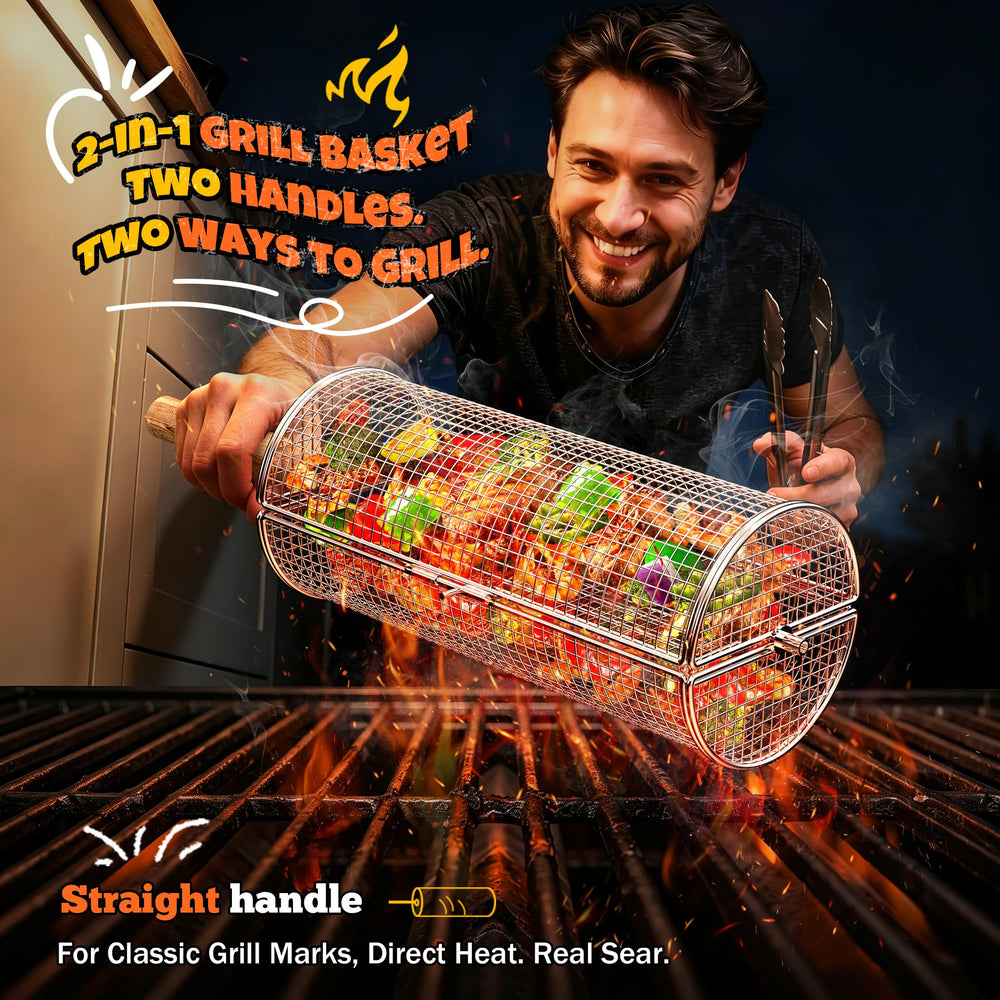 Mowei basket on grill loaded with shrimp demonstrating even cooking benefit