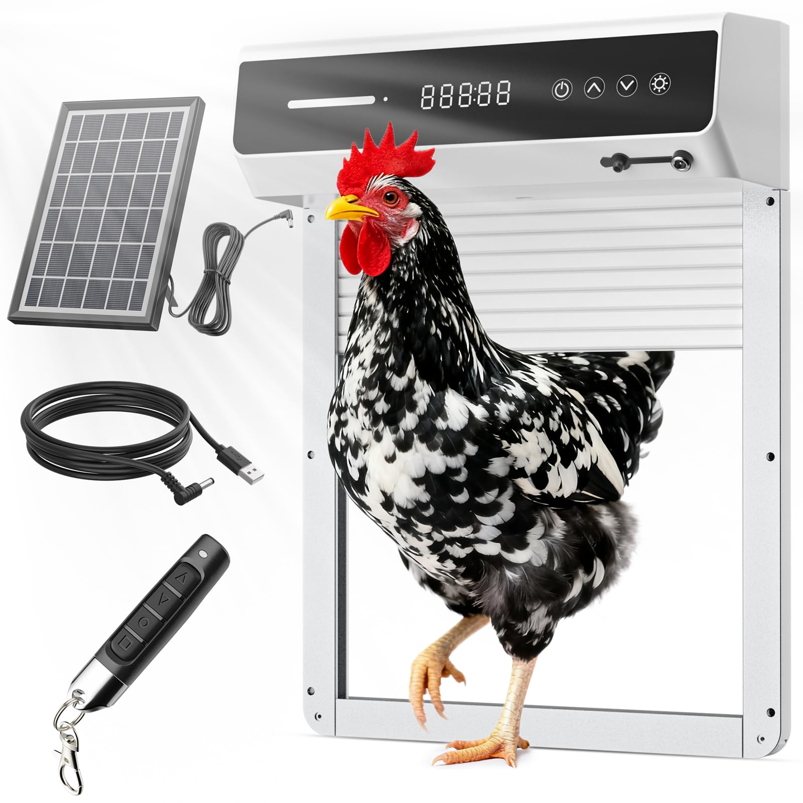 Mowei front view of coop door showing weatherproof design and reliable protection