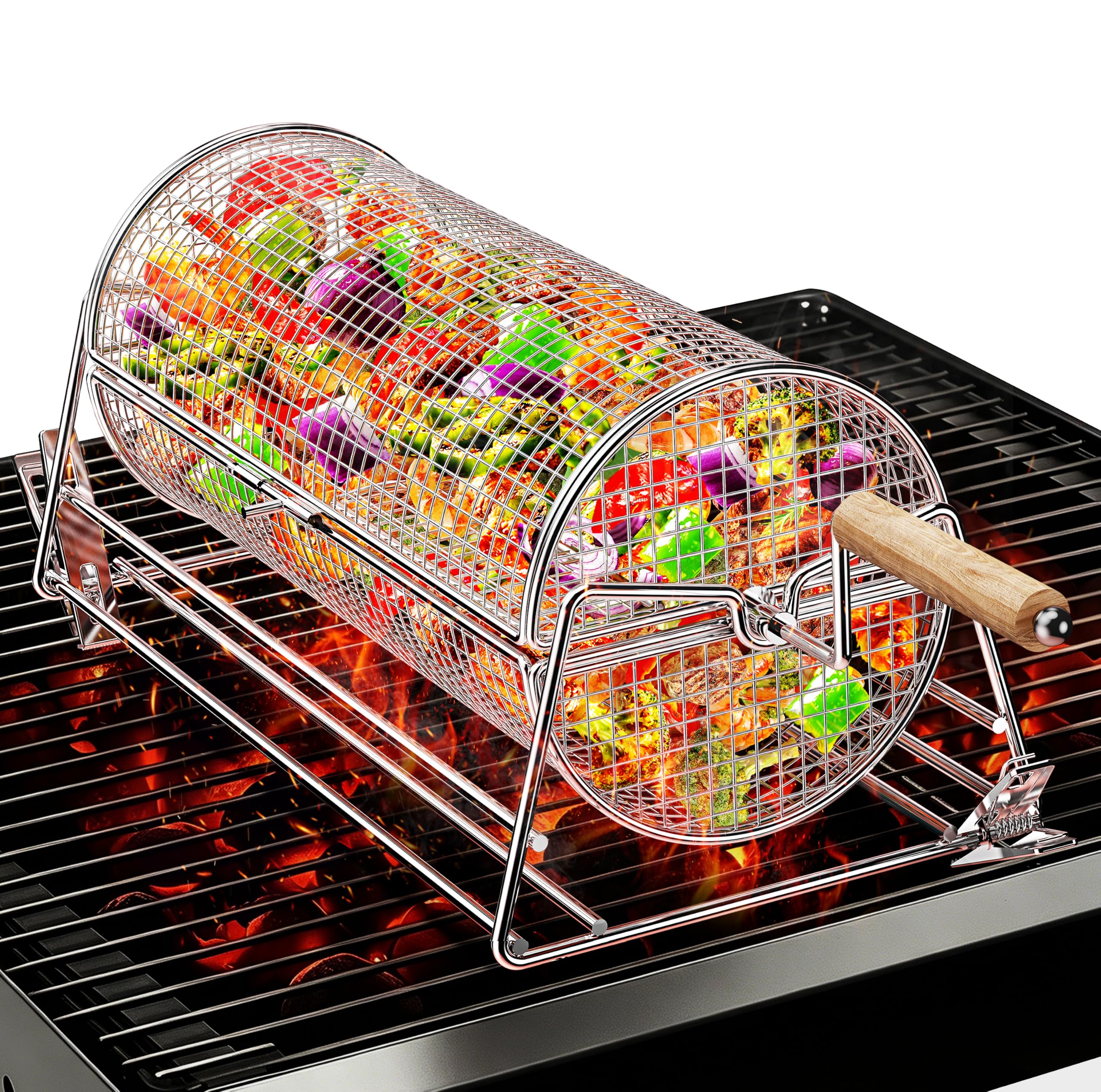 Mowei front view of grill basket showing dual handles and rotatable design benefit