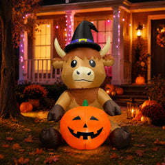 mowholm front view of Highland cow inflatable showing festive design and curb appeal
