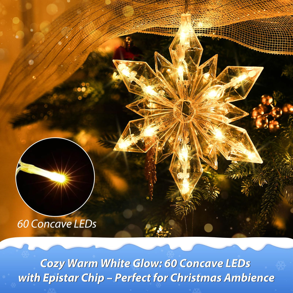 Mowizip close-up of LED snowflake detail highlighting crisp warm white light