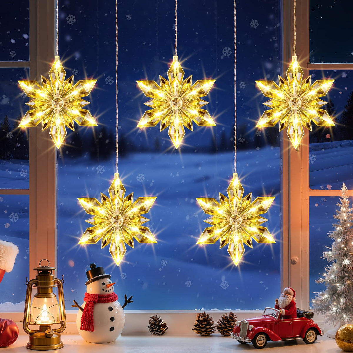 Mowizip front view of five snowflake lights showing warm white glow and coverage