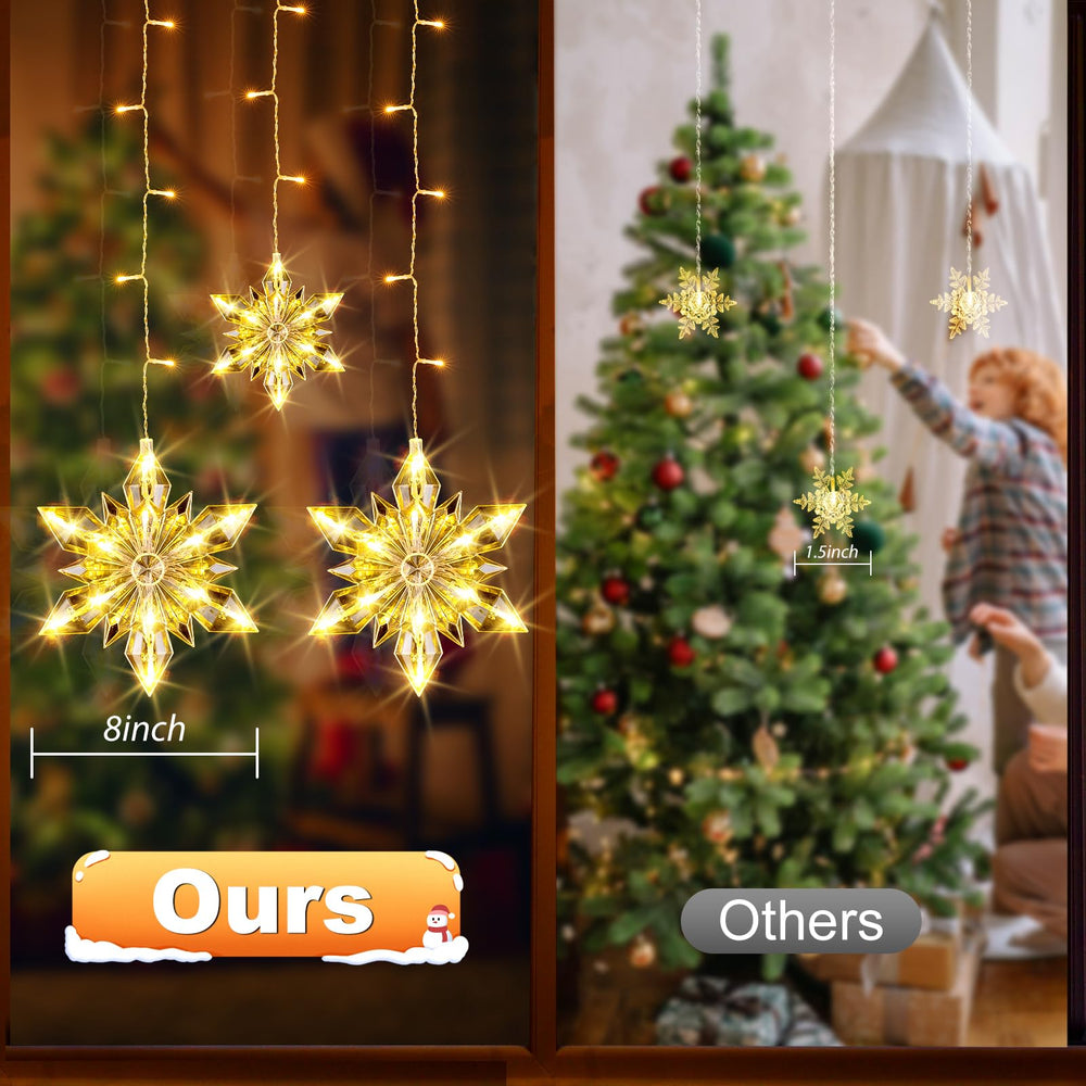 Mowizip snowflake lights hung in a window at night adding festive curb appeal