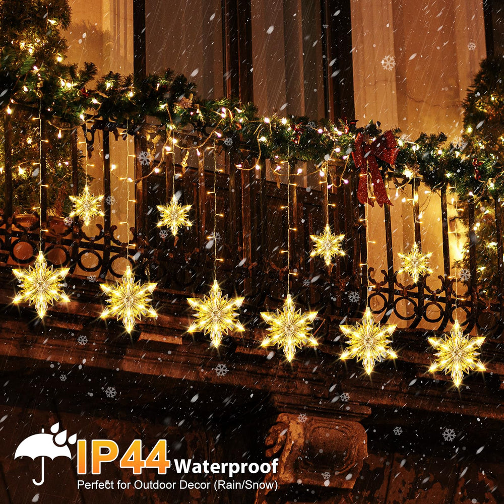 Mowizip snowflakes decorating a covered patio for weather-resistant outdoor cheer
