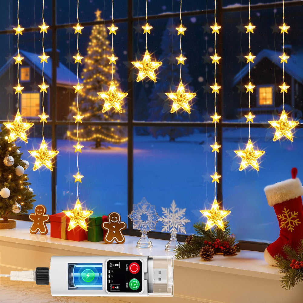 Mowizip star curtain front view showing warm glow and festive ambiance