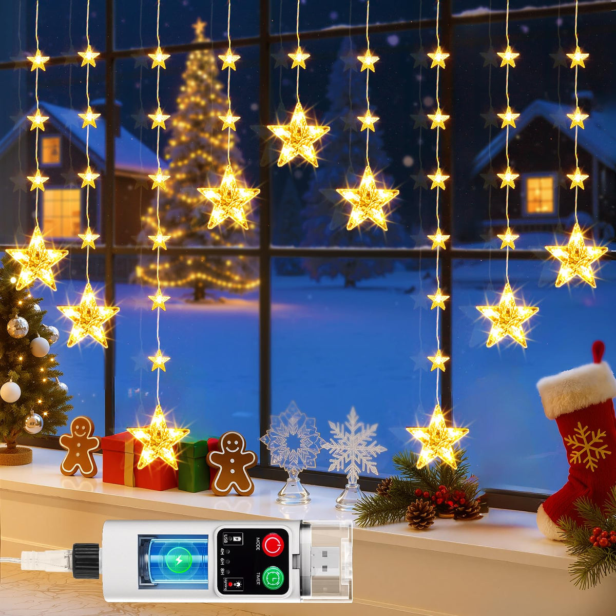 Mowizip star curtain front view showing warm glow and festive ambiance