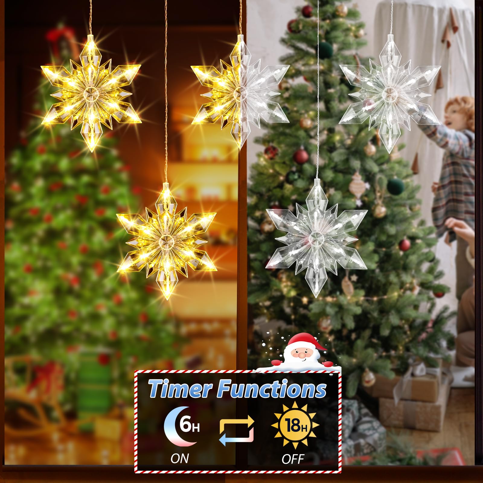 Mowizip indoor scene with warm-white snowflakes adding cozy holiday atmosphere