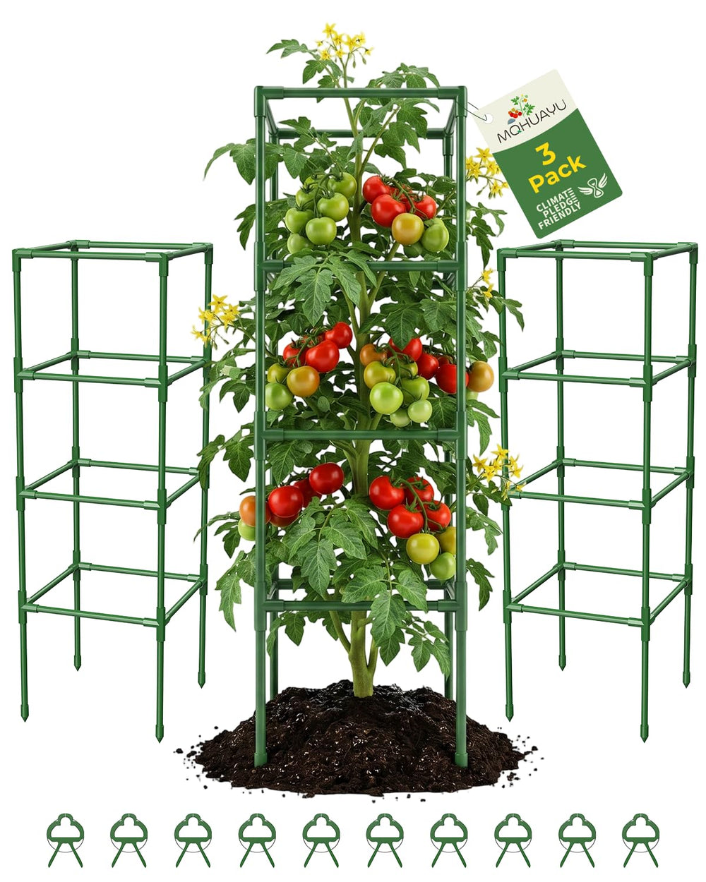 MQHUAYU front view of three square tomato cages showing sturdy support