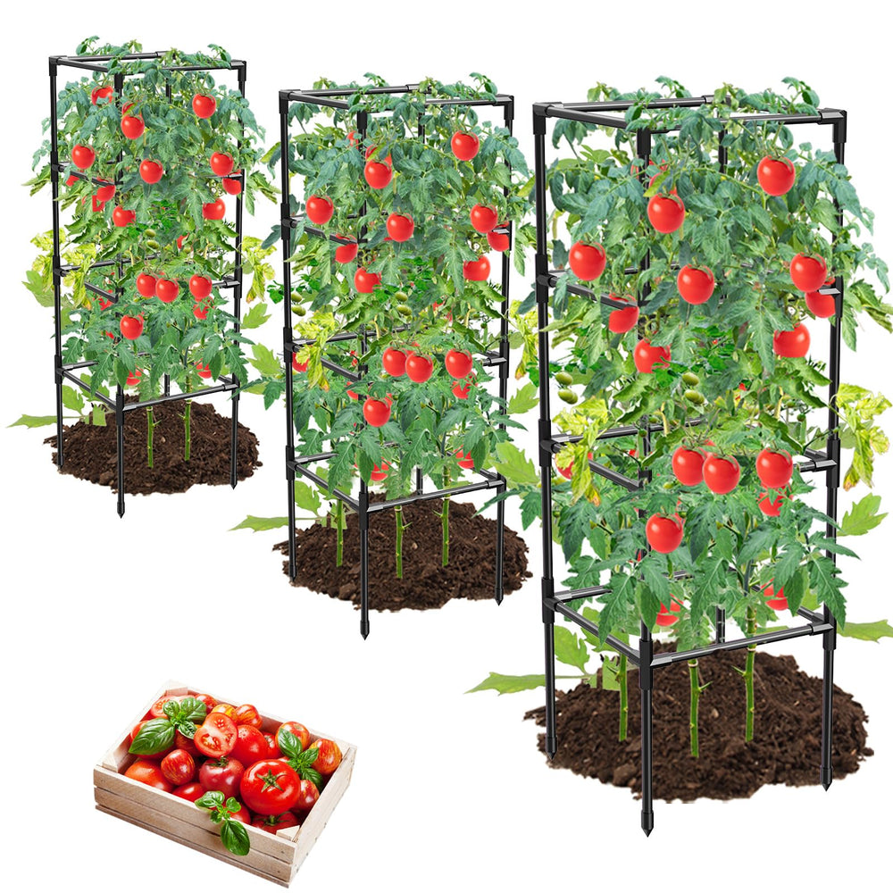 MQHUAYU front view of three black square tomato cages showing sturdy structure and space