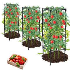 MQHUAYU front view of three black square tomato cages showing sturdy structure and space