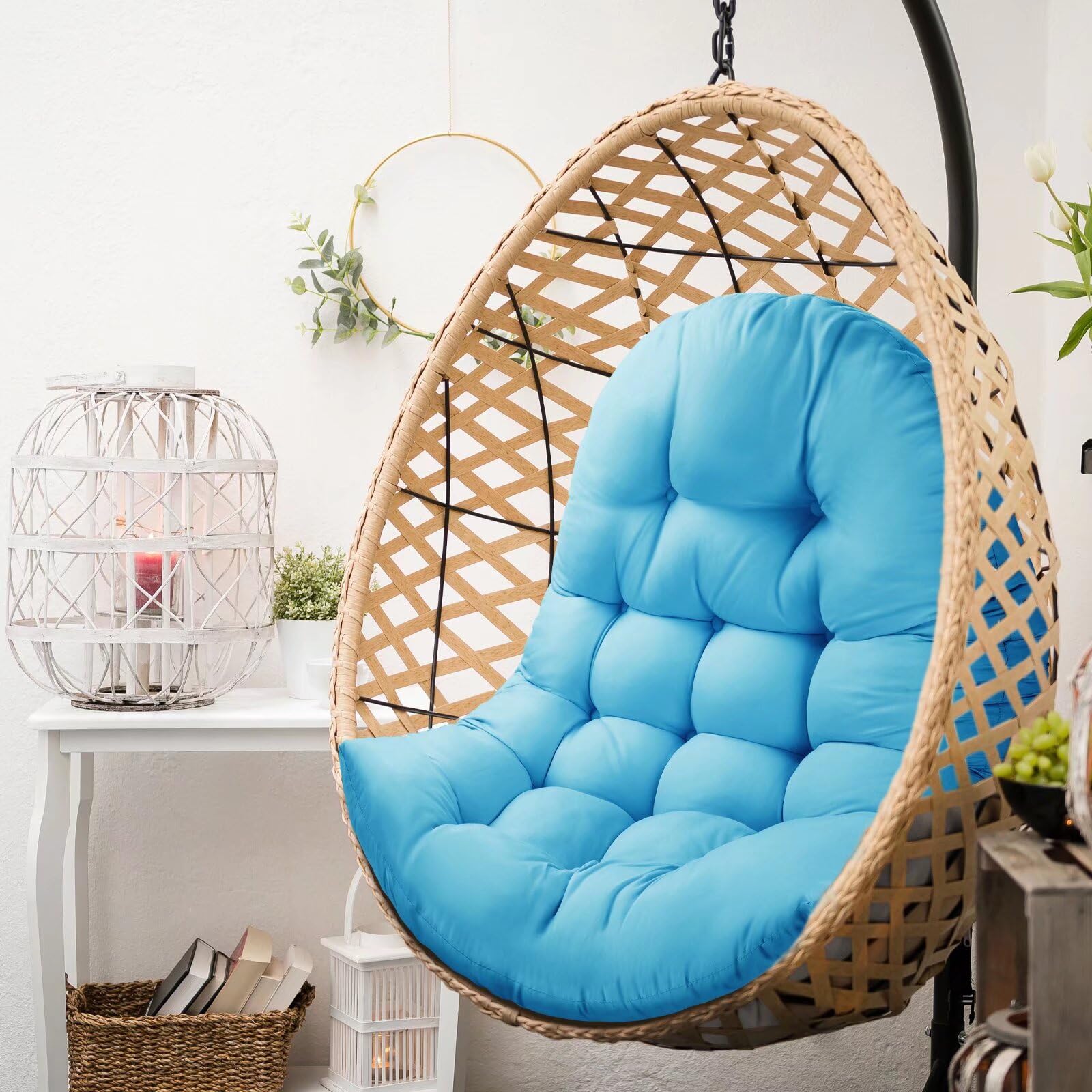 MQK cushion fitted in hanging egg chair demonstrating stable seating benefit