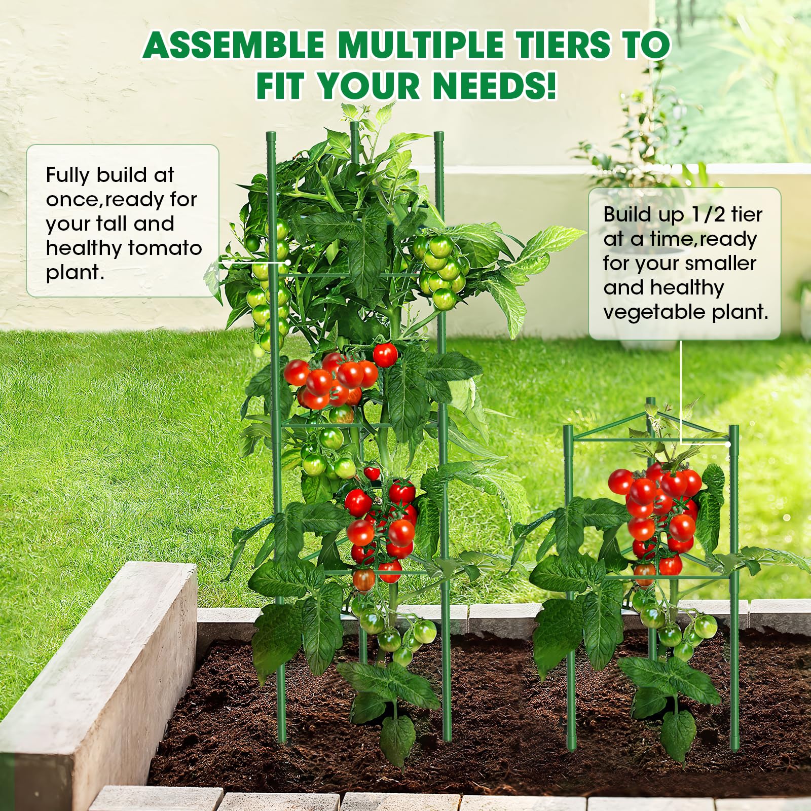 MQUPIN cages supporting tomatoes, peppers and cucumbers on a sunny patio