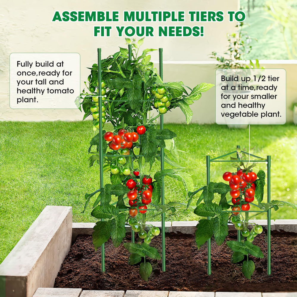 MQUPIN cages supporting tomatoes, peppers and cucumbers on a sunny patio
