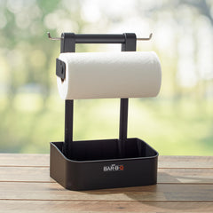 Mr. Bar-B-Q caddy hanging on grill rail for hands-free convenience