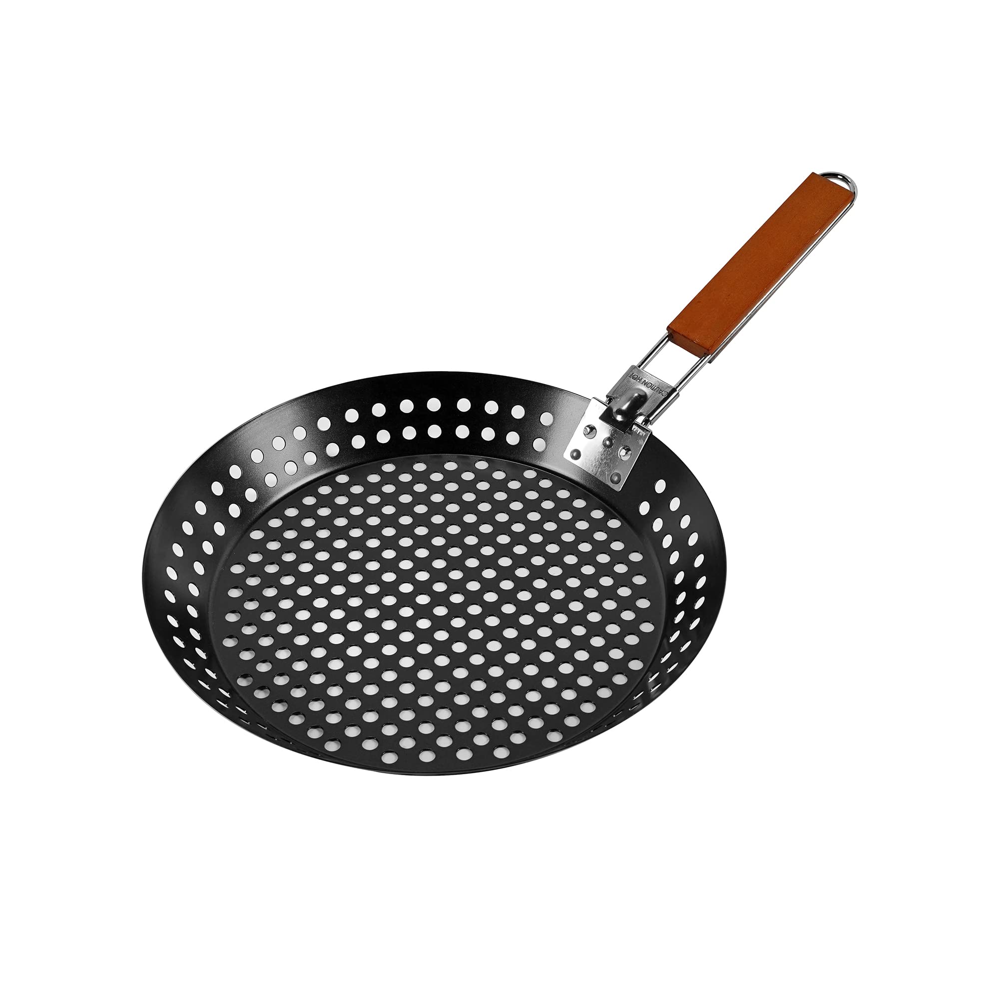 mr. bar-b-q clip-on wooden handle attached to pan for safe gripping and quick removal