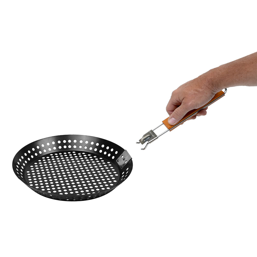 mr. bar-b-q skillet used as strainer draining oil to reduce grease in cooked food