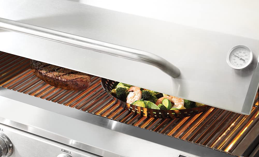 mr. bar-b-q grilling vegetables and seafood in pan highlighting controlled cooking and char
