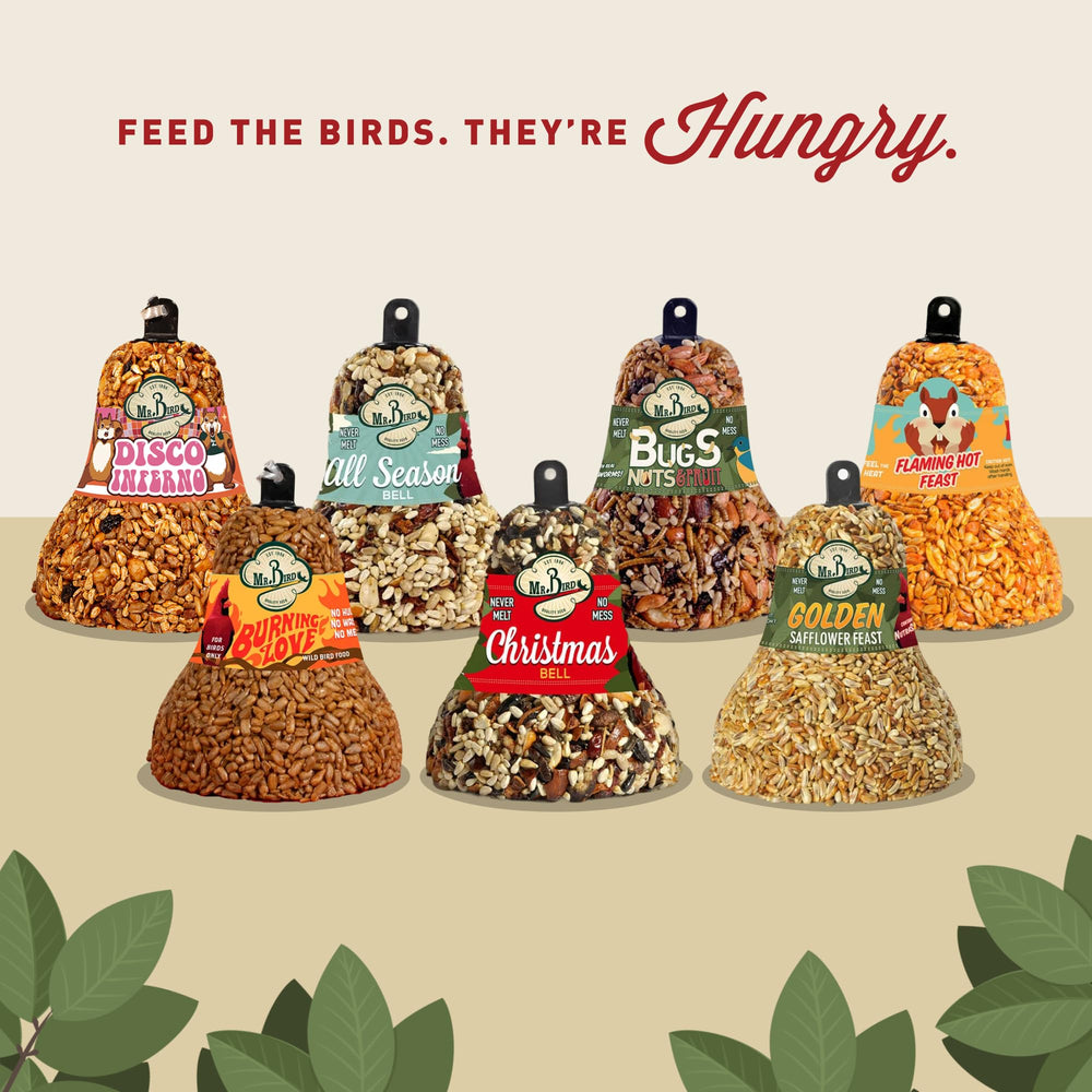 Mr. Bird bells mounted on Mr. Bird Seed Bell Hanger for stable presentation