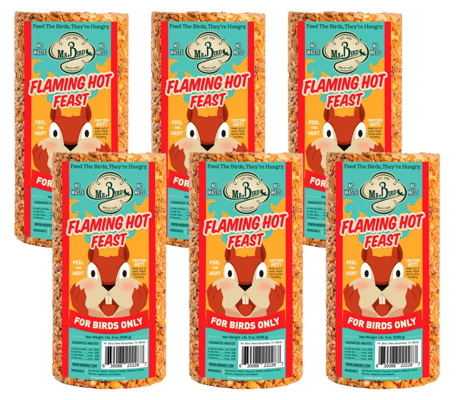 Mr. Bird Flaming Hot Feast front packaging showing cylinder and ingredients benefits birds
