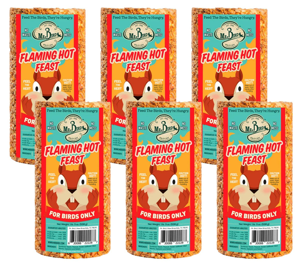 Mr. Bird Flaming Hot Feast front packaging showing cylinder and ingredients benefits birds