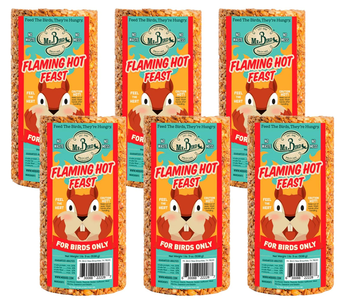 Mr. Bird Flaming Hot Feast front packaging showing cylinder and ingredients benefits birds