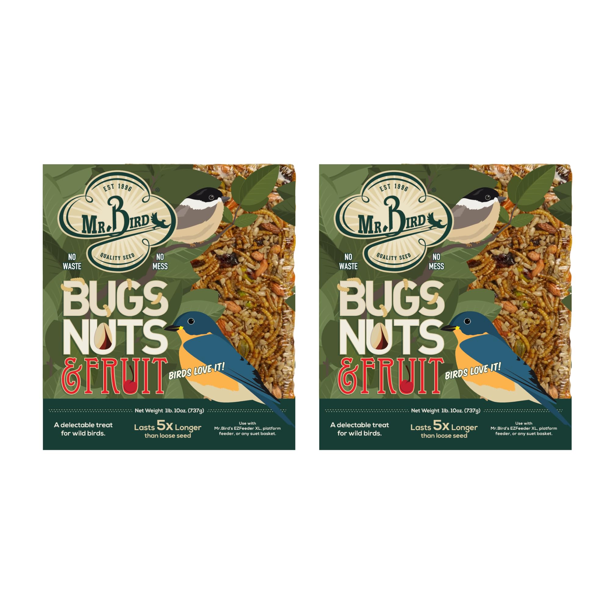 Mr. Bird front packaging showing Bugs Nuts & Fruit cake, attracts many species