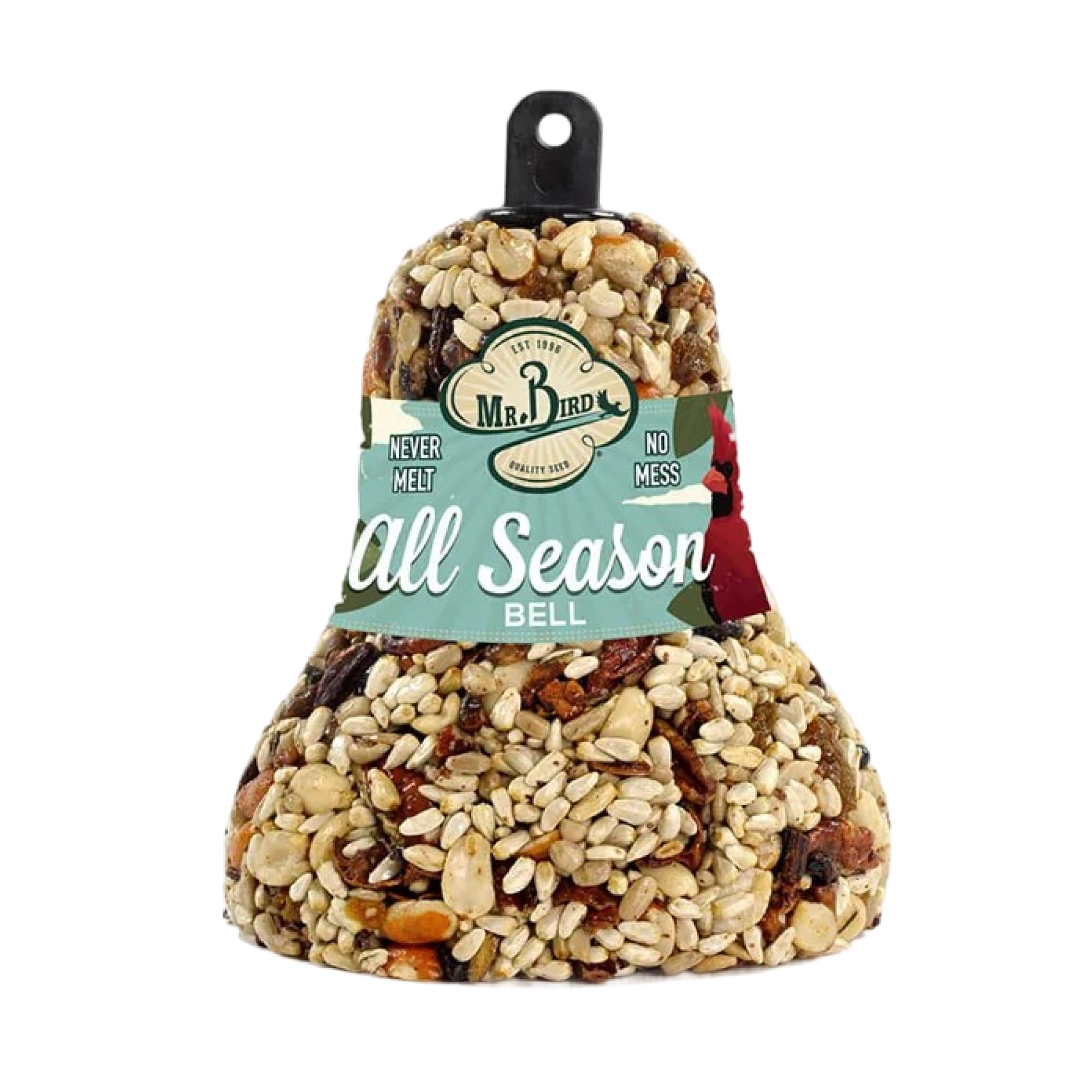 Mr. Bird front packaging showing two seed bells and included hanger for easy use