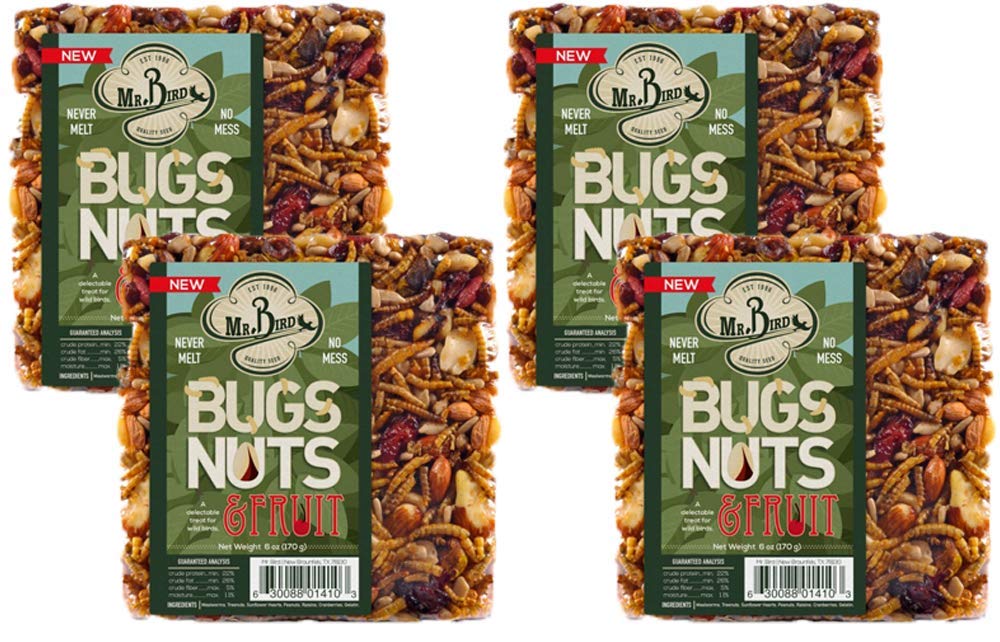 Mr. Bird front packaging showing four 6 oz seed cakes and product details, attracts more species