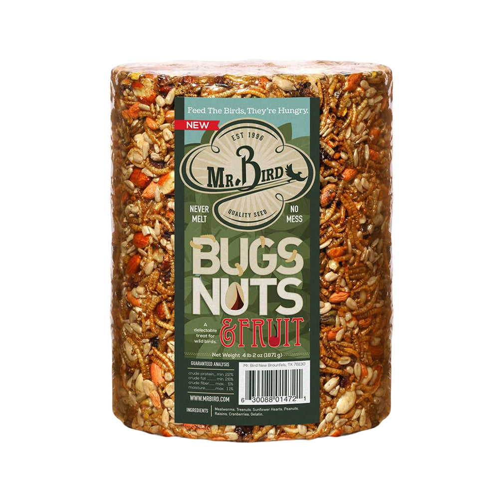 Mr. Bird front packaging showing cylinder and ingredients, attracts more backyard birds