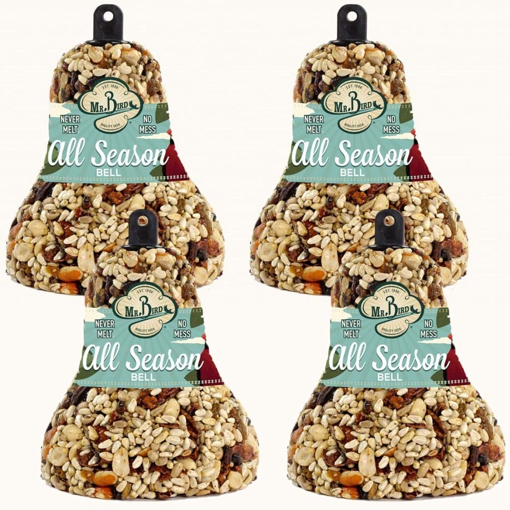 Mr. Bird seed bell hanging in backyard with birds — attracts cardinals and bluebirds