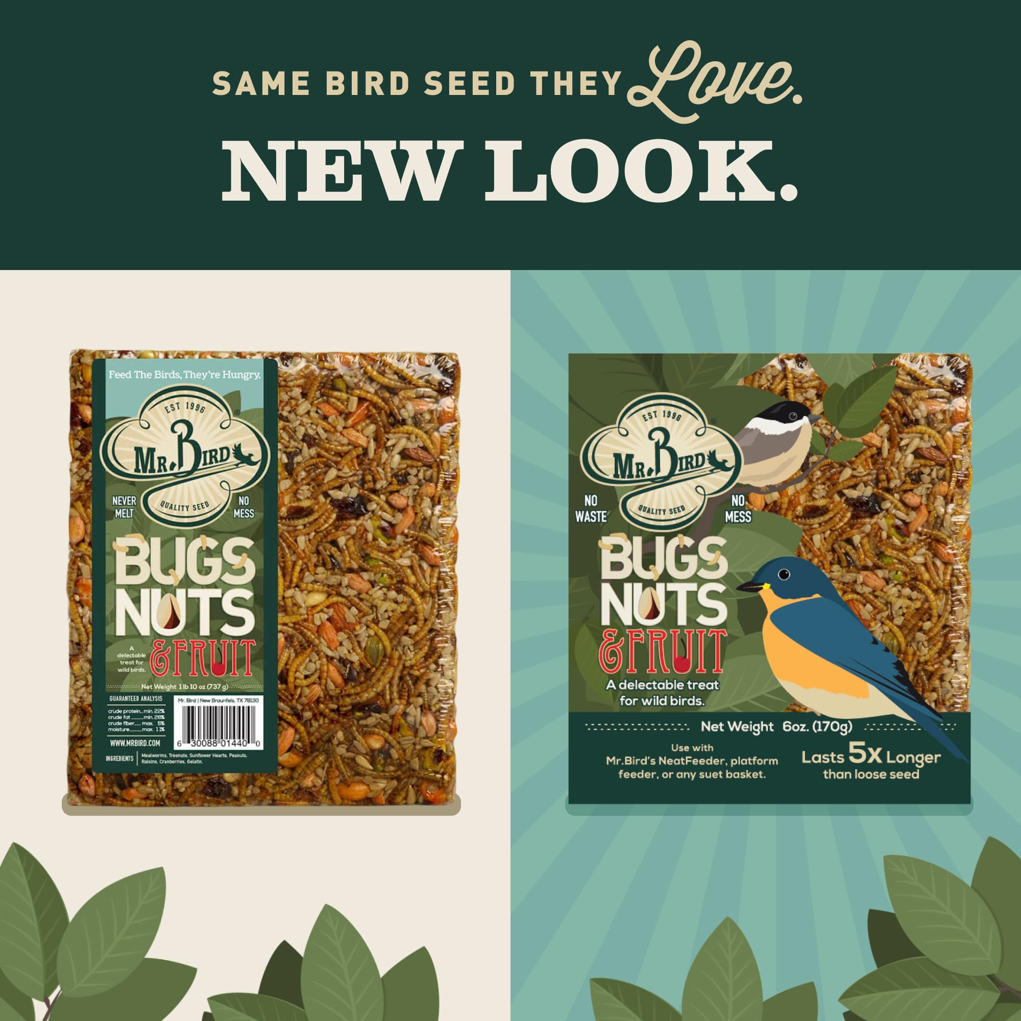 Product label close-up with handcrafted and Texas-made text, Mr. Bird trust signal