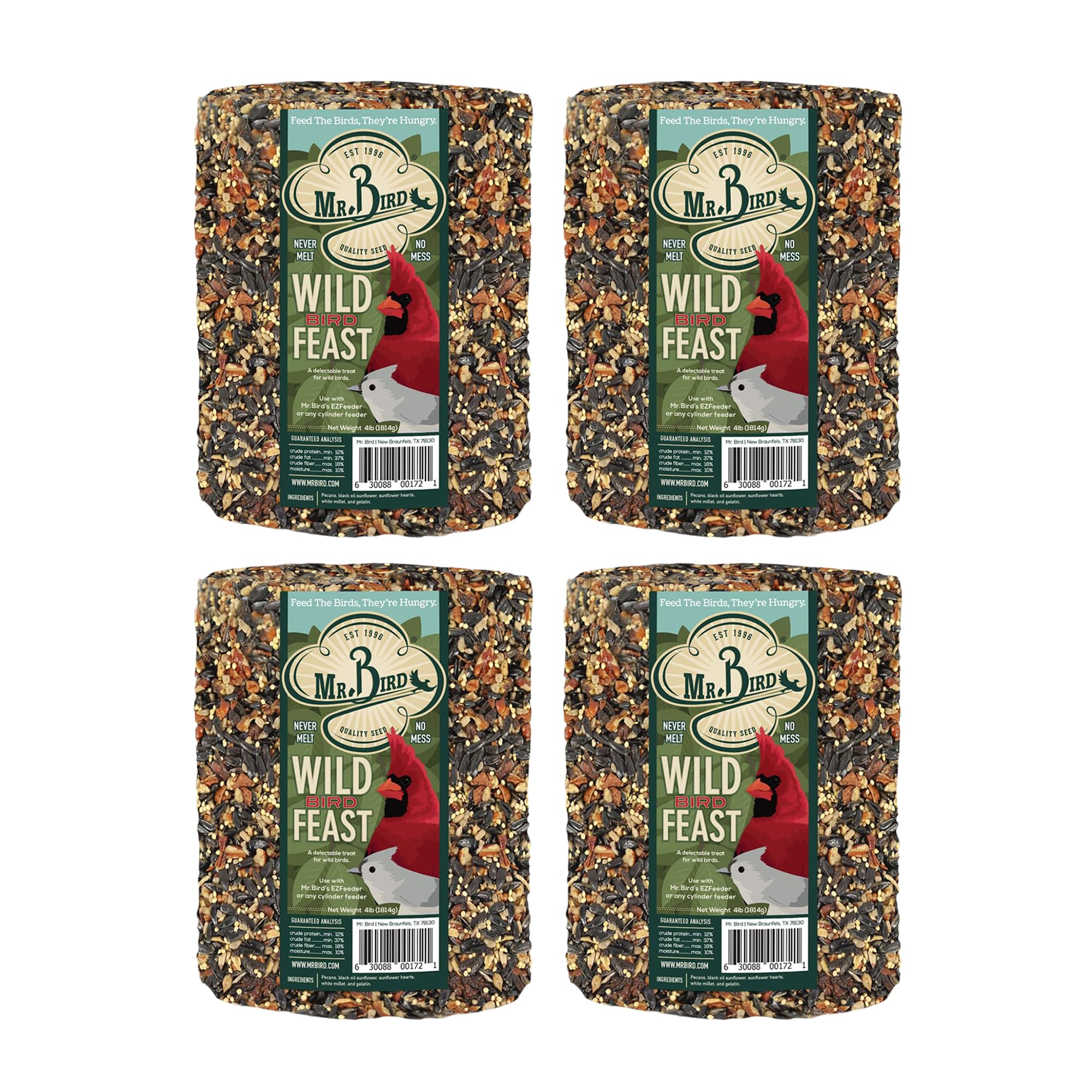 Mr. Bird front packaging of 4-pack cylinders showing product and benefit