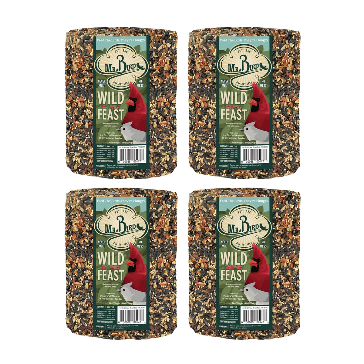 Mr. Bird front packaging of 4-pack cylinders showing product and benefit
