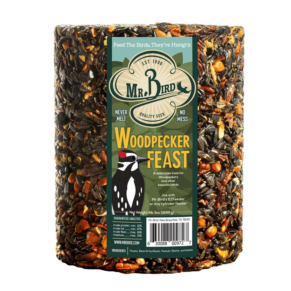 Mr. Bird cylinder in feeder attracting woodpeckers and reducing feeder mess