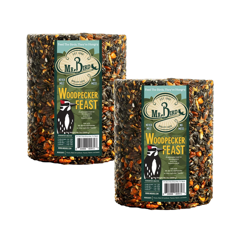 Mr. Bird front packaging showing two cylinders and brand name, attracts woodpeckers