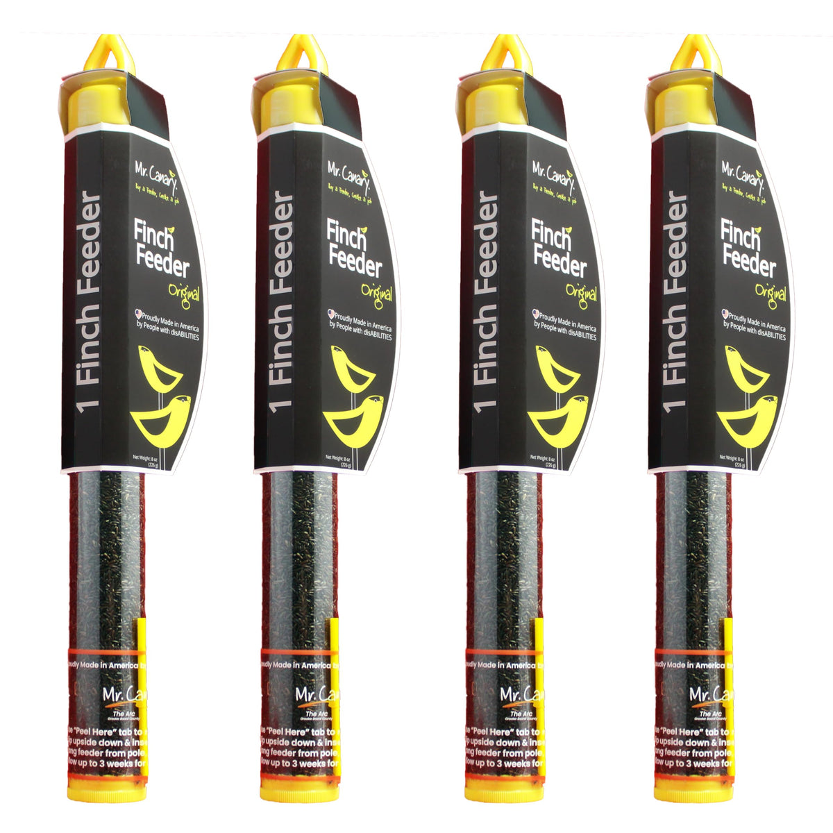 Mr. Canary front packaging showing four seed-filled finch tube feeders and benefits