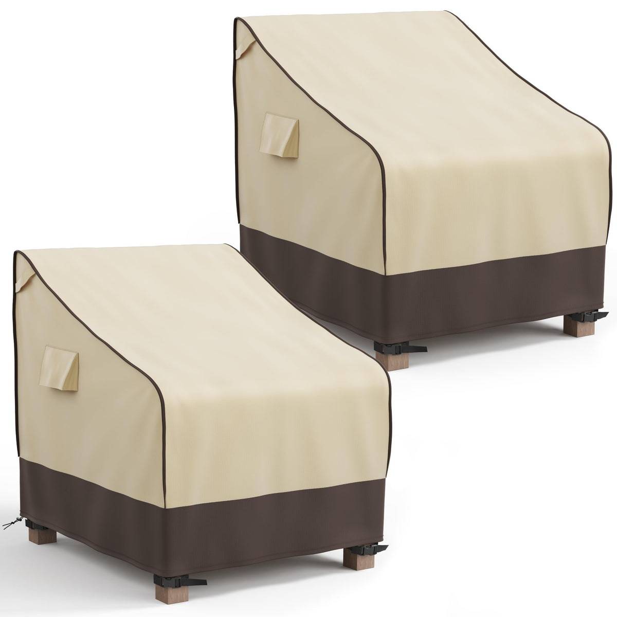 MR. COVER front view showing two brown chair covers protecting chairs