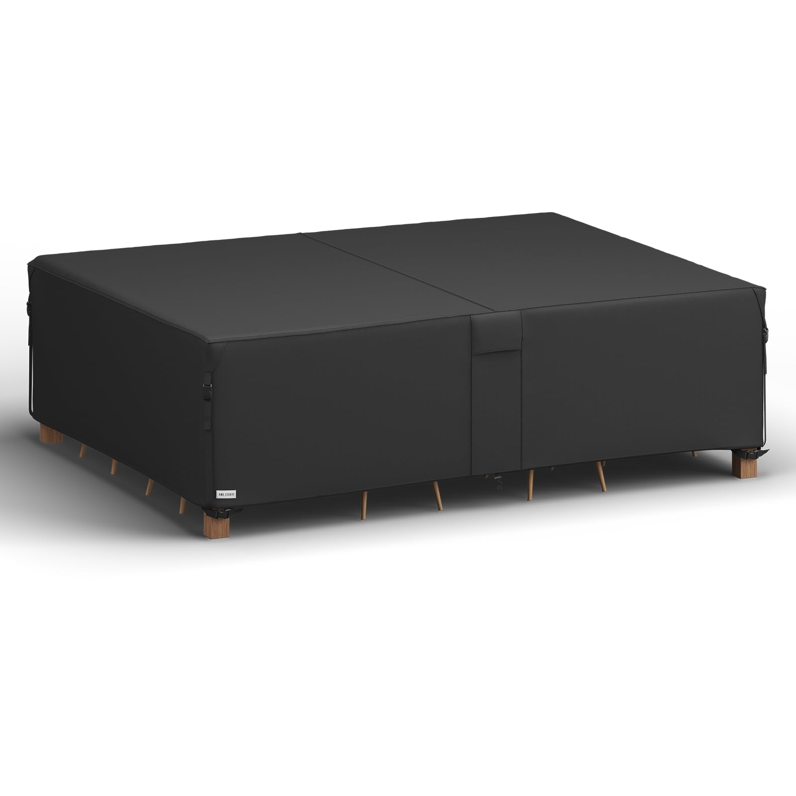 MR. COVER front view showing full cover protecting patio set and fastened securely