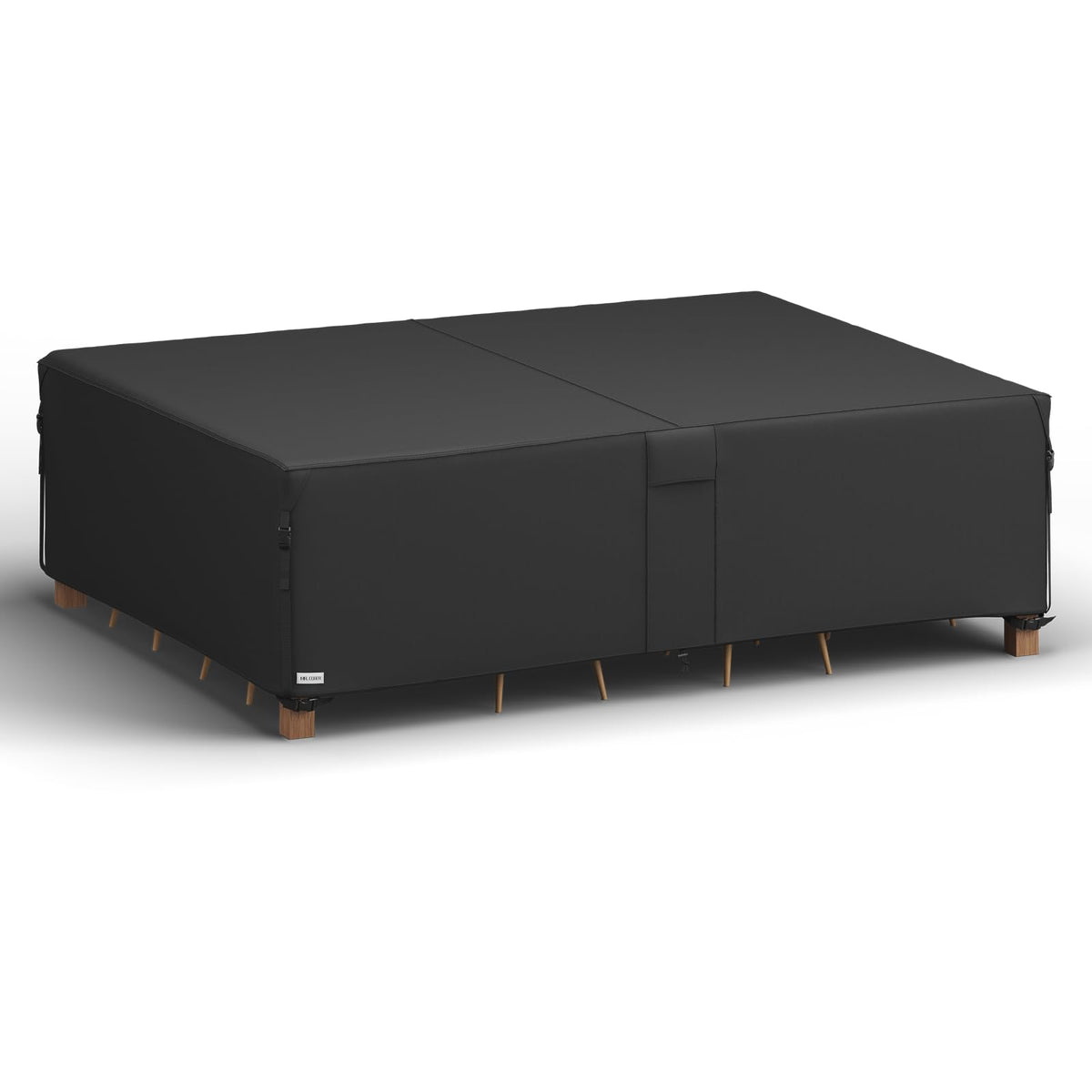 MR. COVER front view showing full cover protecting patio set and fastened securely