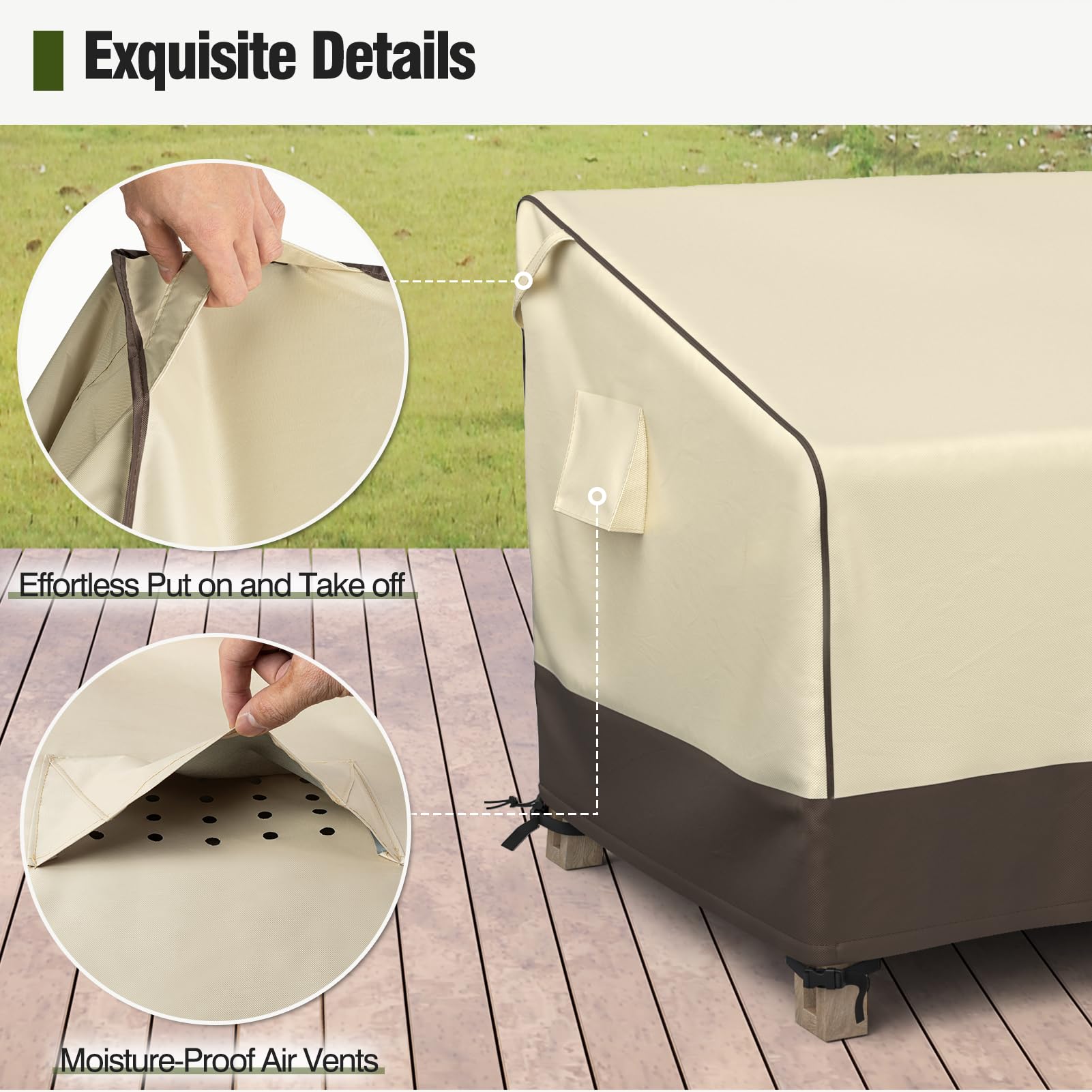 MR. COVER fitted on a wicker sofa in patio setting showing all-weather protection