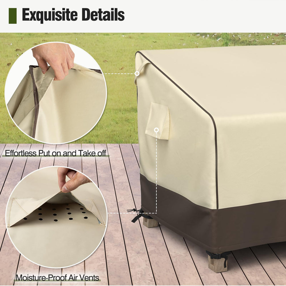 MR. COVER fitted on a wicker sofa in patio setting showing all-weather protection