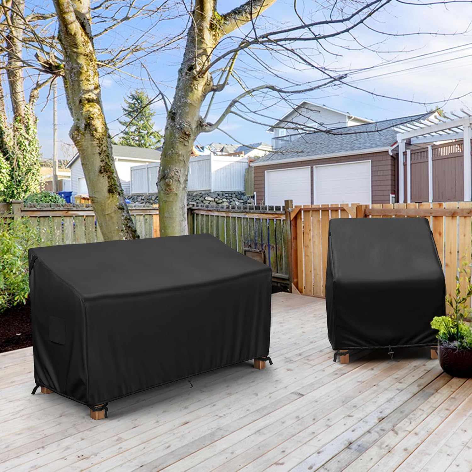 mr. cover on patio in lifestyle setting, protects sofa from rain and UV damage
