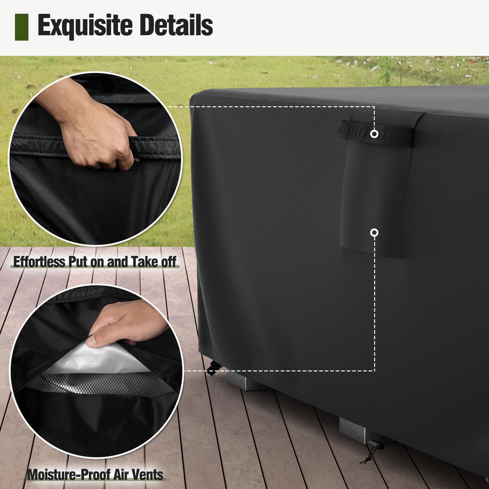 MR. COVER click-close straps and clips securing cover against winds