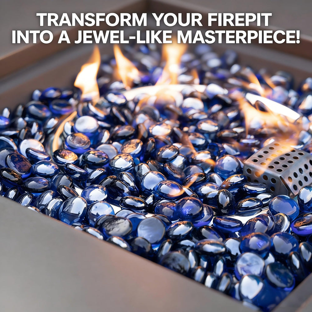 Mr. Fireglass beads in a modern indoor fireplace creating sparkling flame reflections
