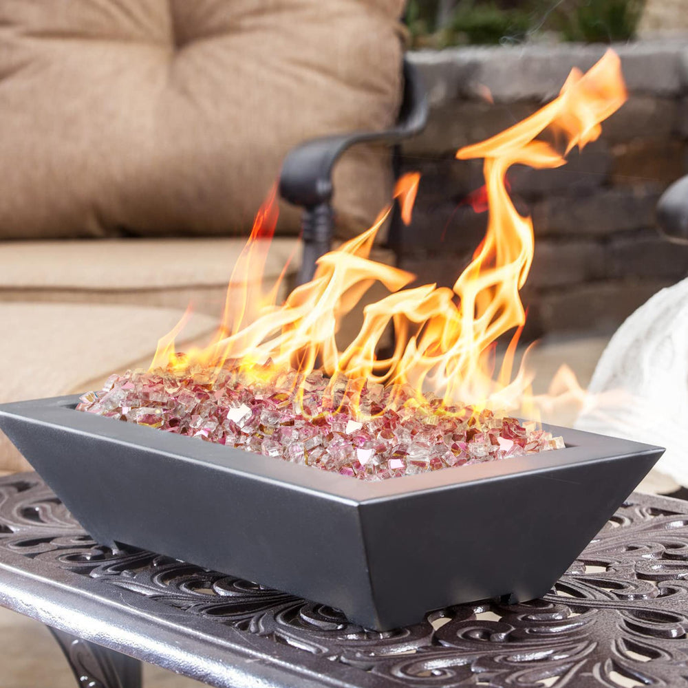 Mr. Fireglass in firepit with flames showing enhanced color and warmth