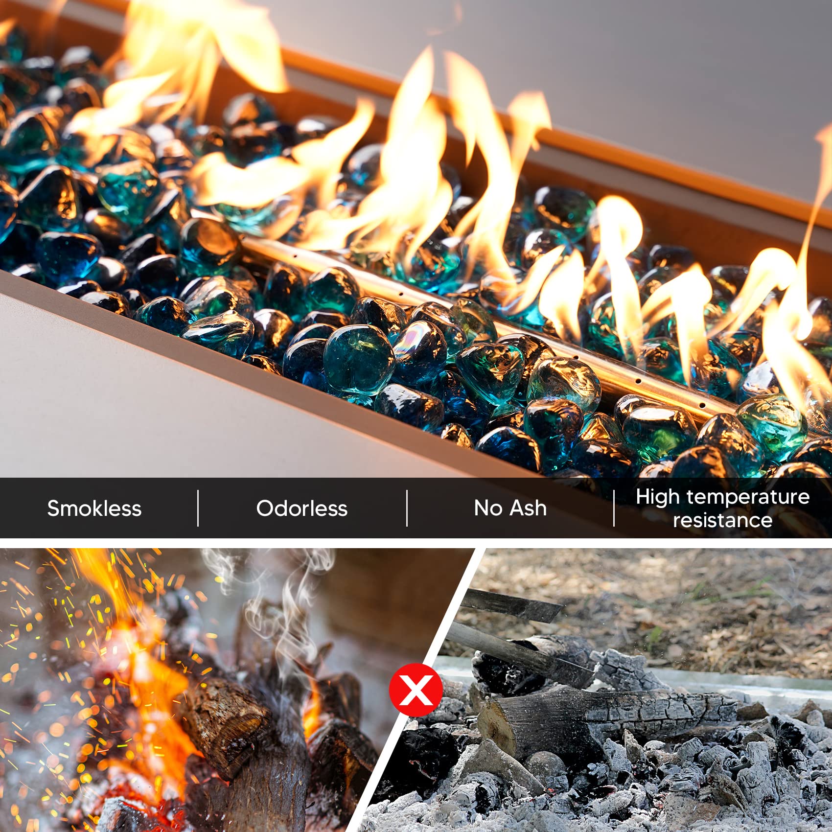 Mr. Fireglass in firepit with flames showing enhanced flame color and depth