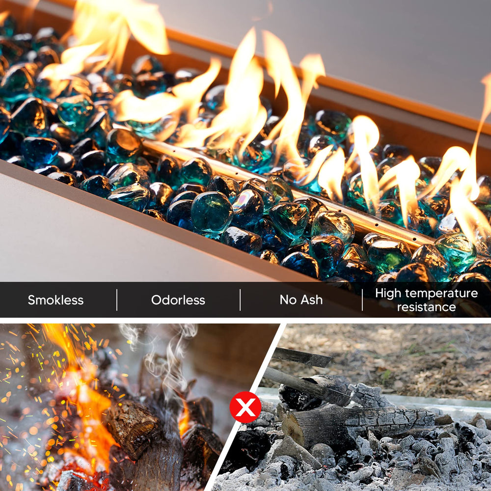 Mr. Fireglass in firepit with flames showing enhanced flame color and depth