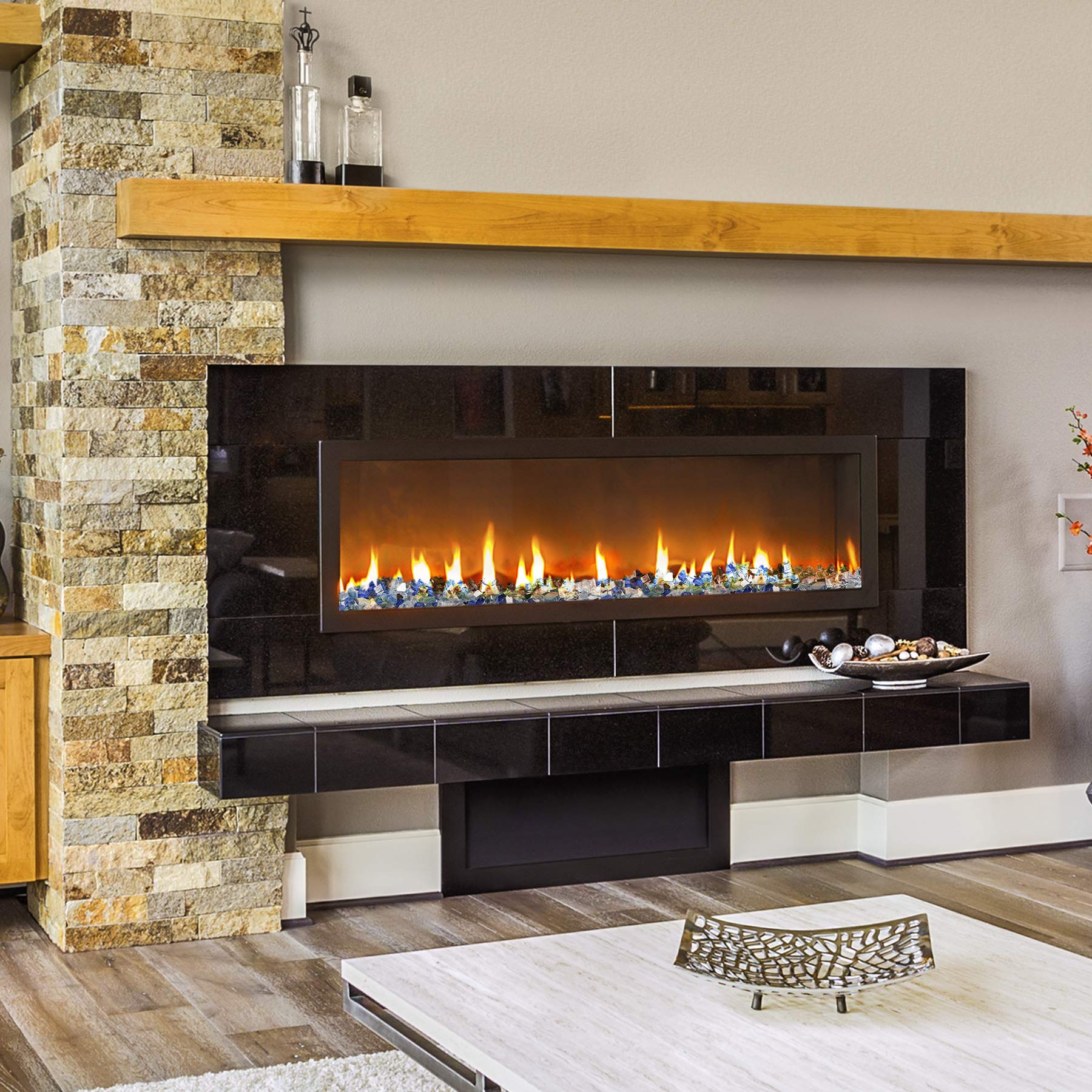 Mr. Fireglass on patio setting around fire pit, illustrating low-maintenance decorative finish